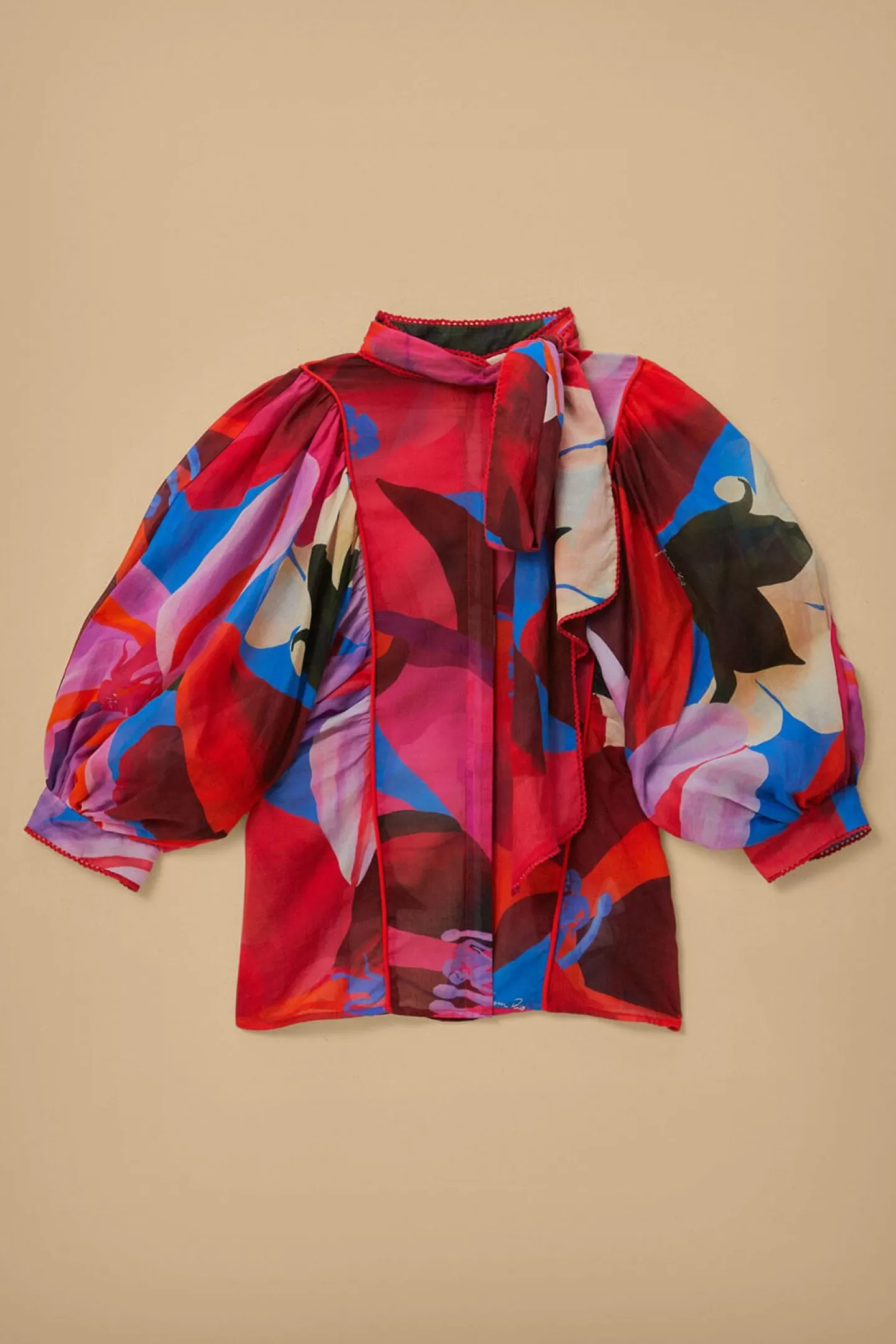 FARM Rio  WATERCOLOR FLORAL BLUE LONG SLEEVE BLOUSE