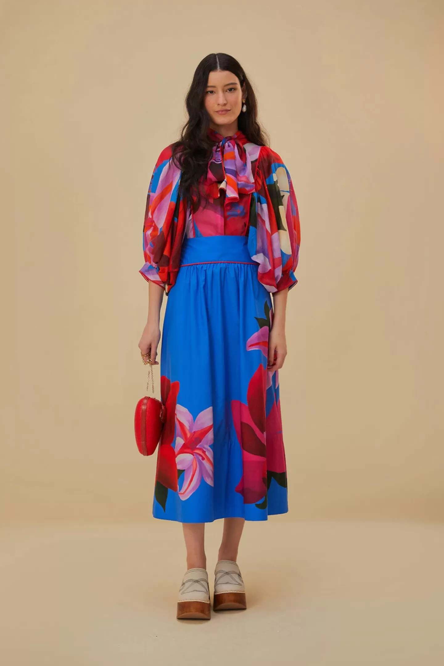 FARM Rio  WATERCOLOR FLORAL BLUE MIDI SKIRT