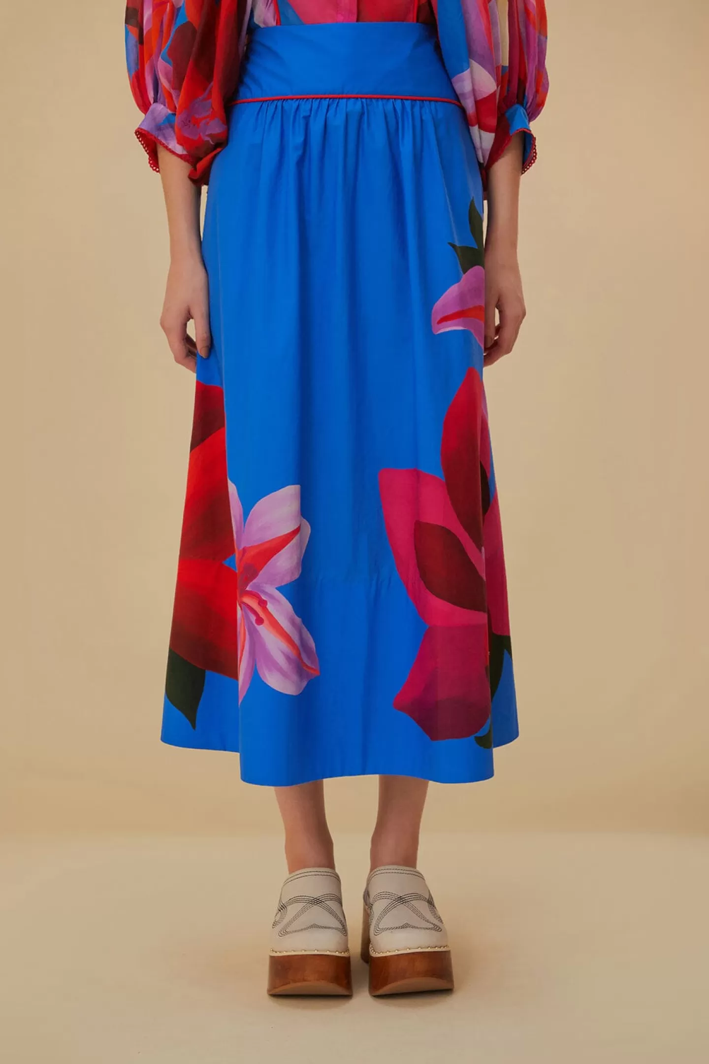 FARM Rio  WATERCOLOR FLORAL BLUE MIDI SKIRT