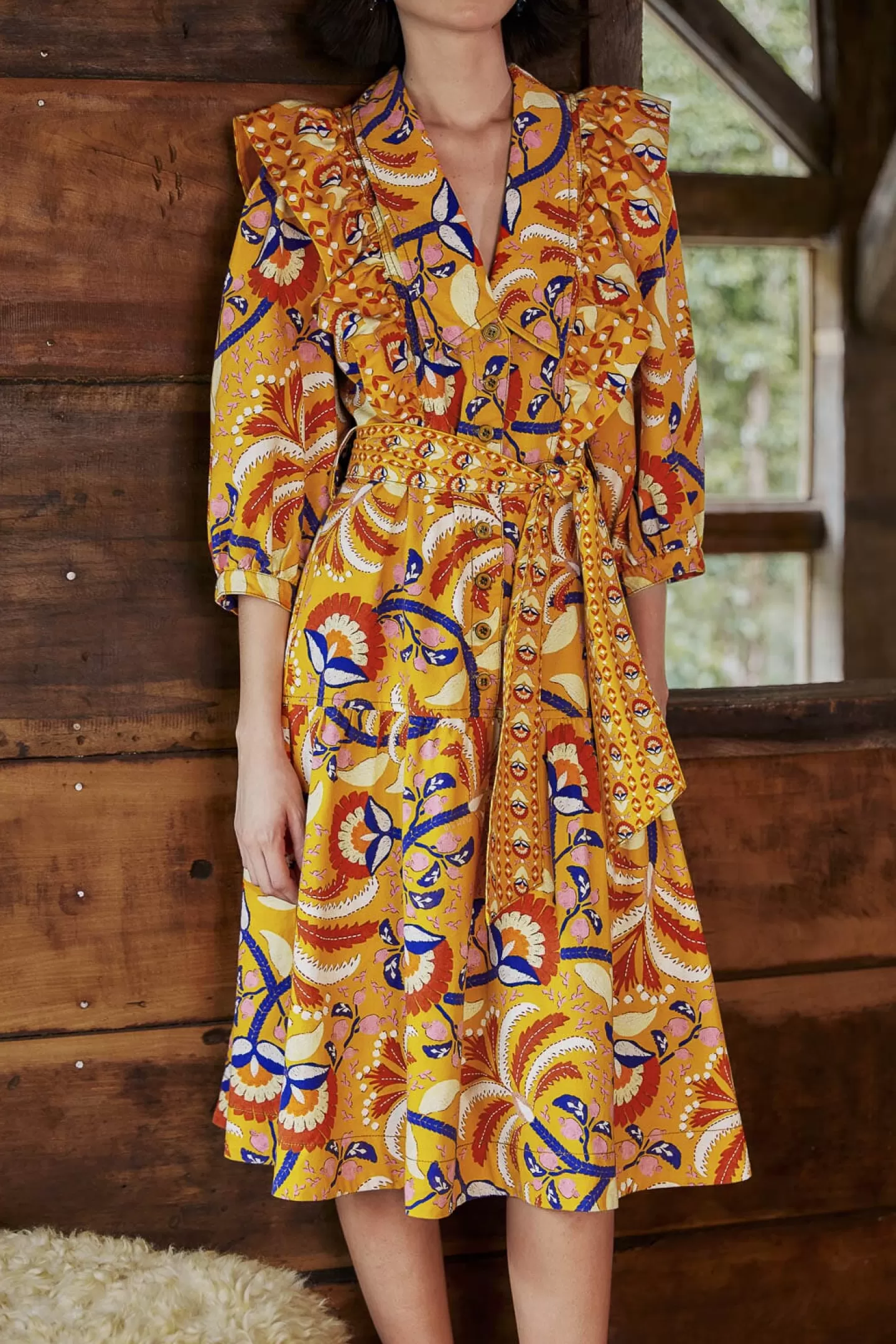 FARM Rio  YELLOW PALMS PARTY MIDI DRESS